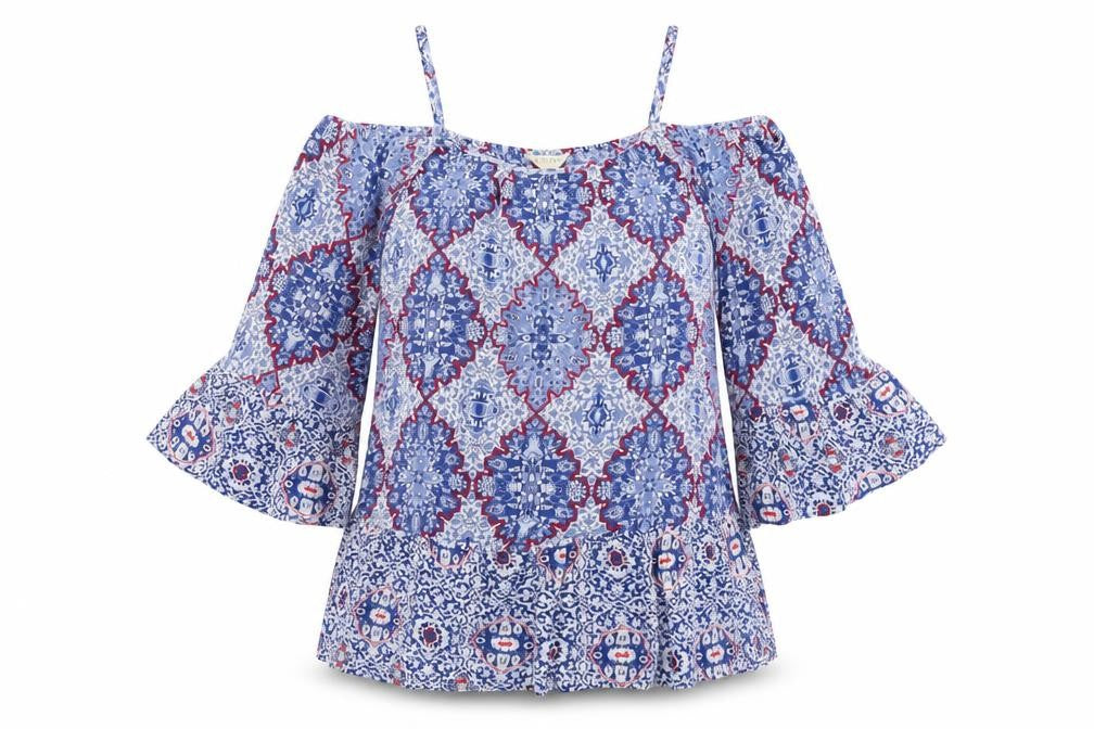 Front view of Marks & Spencer Women Blue Geometric Top UK 12