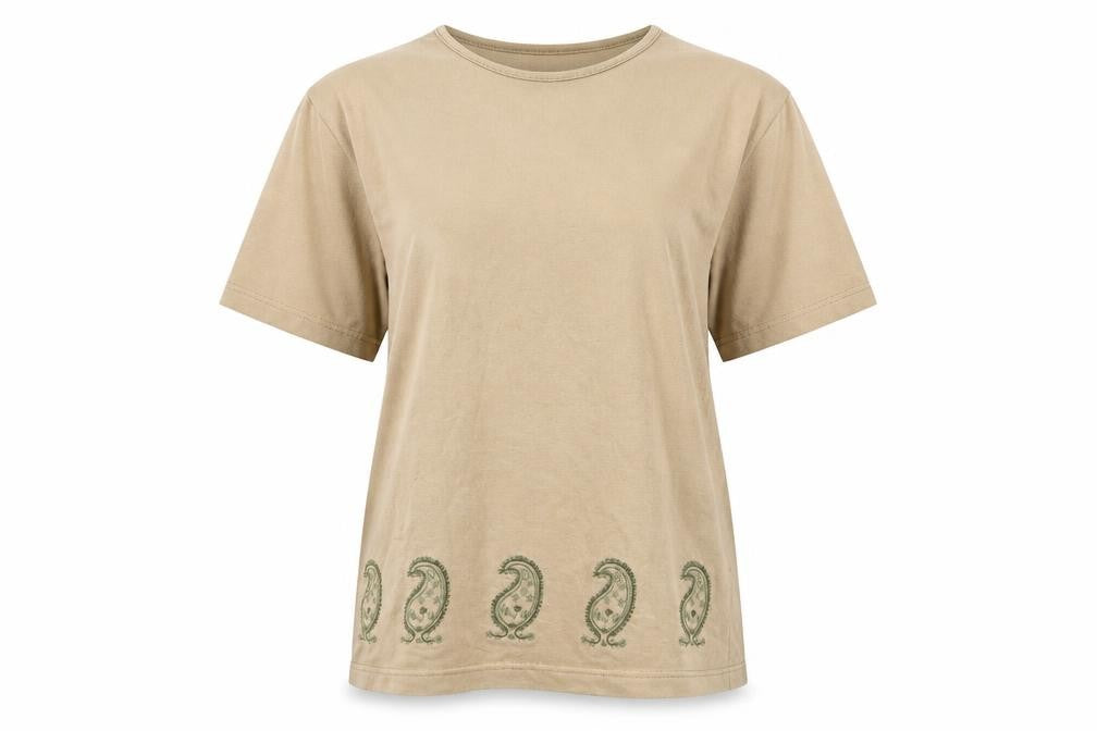 Front view of Amy Moore Women's Beige Embroidered T-Shirt, M