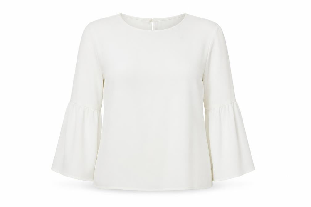 Front view of Topshop Women's White Blouse, size 8, Bell Sleeve