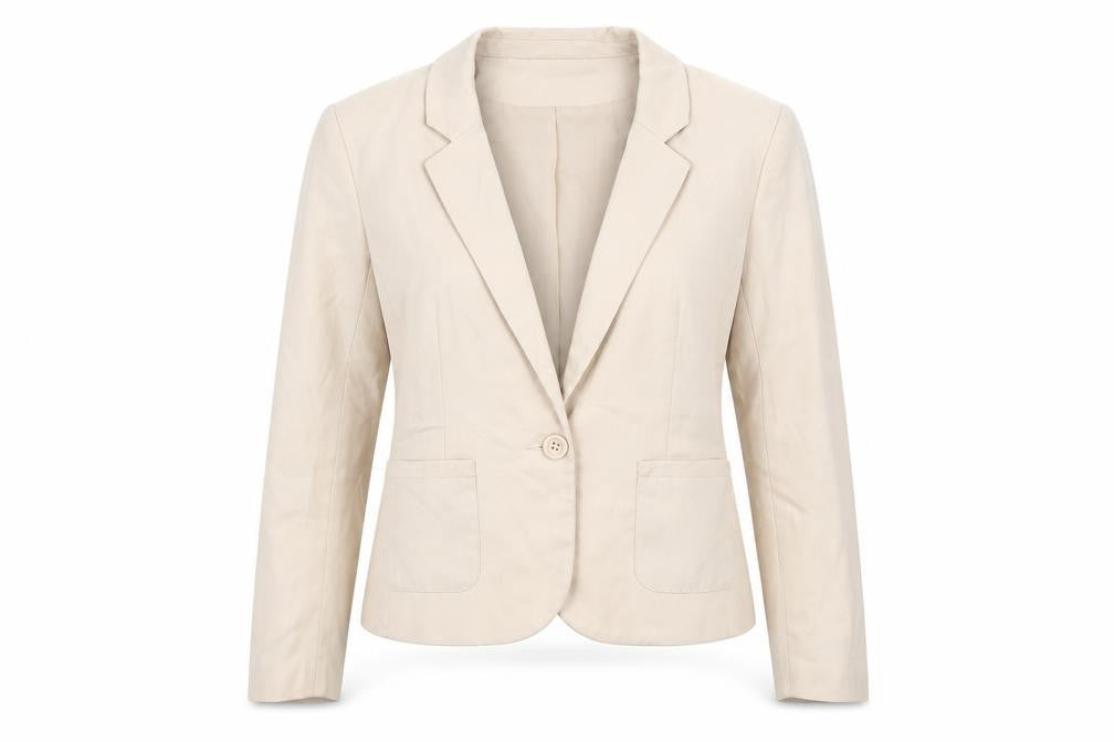 Front view of H&M women’s beige blazer 10 single-breasted notch lapel