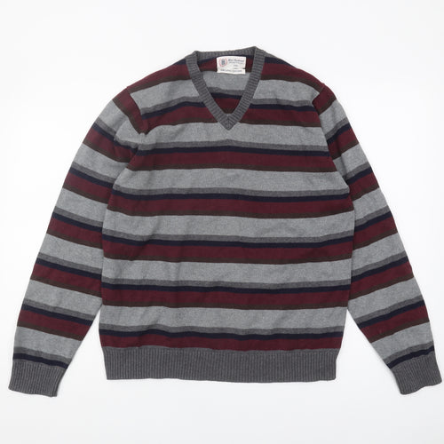 Marks & Spencer Men's Grey Striped V-Neck Jumper, M