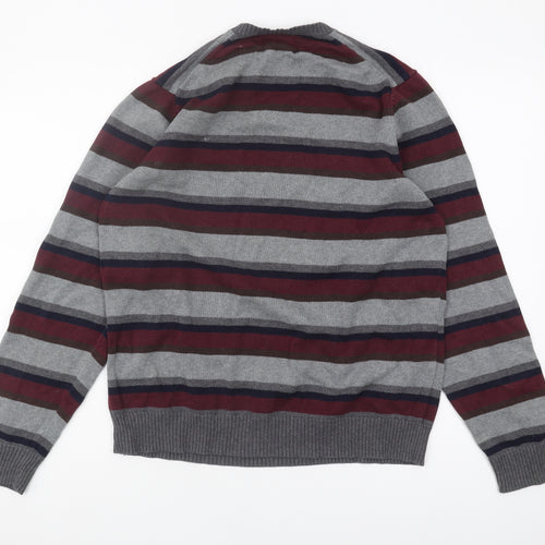 Marks & Spencer Men's Grey Striped V-Neck Jumper, M