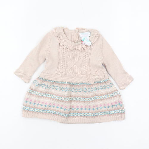 Maggie & Zoe Girls Beige Knit Dress, 0-3 Months with Bow Detail