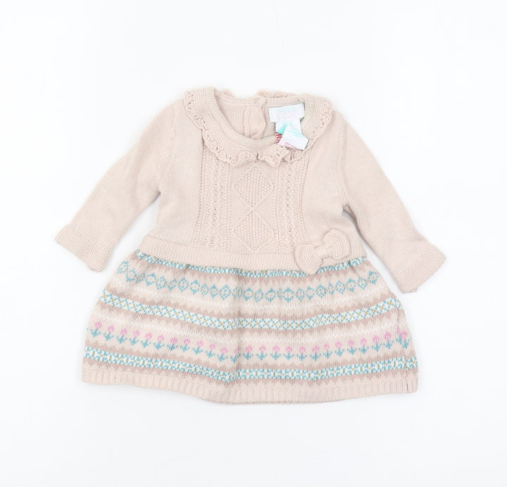 Maggie & Zoe Girls Beige Knit Dress, 0-3 Months with Bow Detail