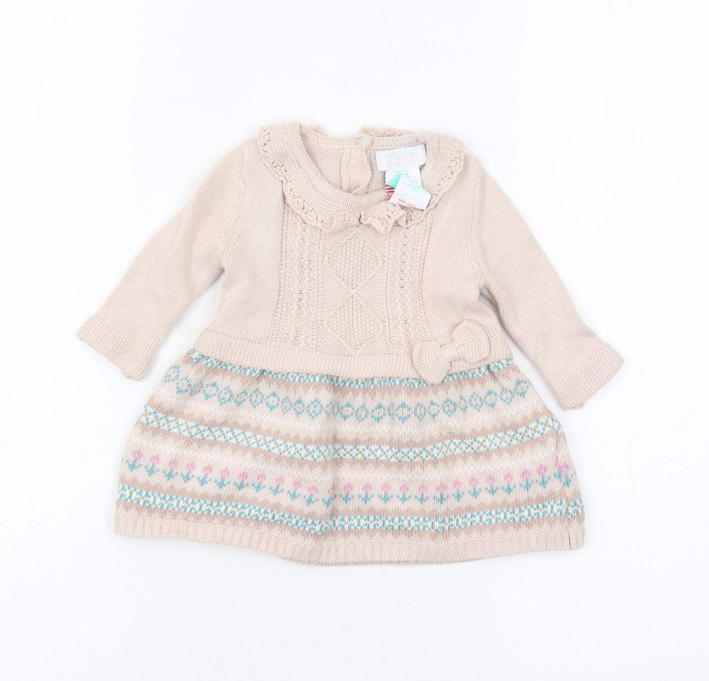 Maggie & Zoe Girls Beige Knit Dress, 0-3 Months with Bow Detail