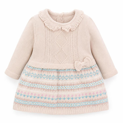 Maggie & Zoe Girls Beige Knit Dress, 0-3 Months with Bow Detail