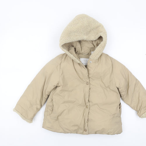 Zara Girls Beige Puffer Jacket 3-4 Years Hooded Snap Closure