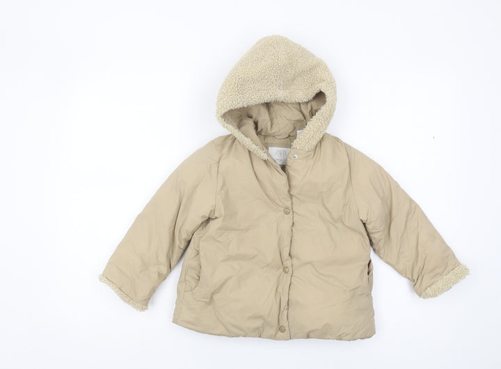 Zara Girls Beige Puffer Jacket 3-4 Years Hooded Snap Closure