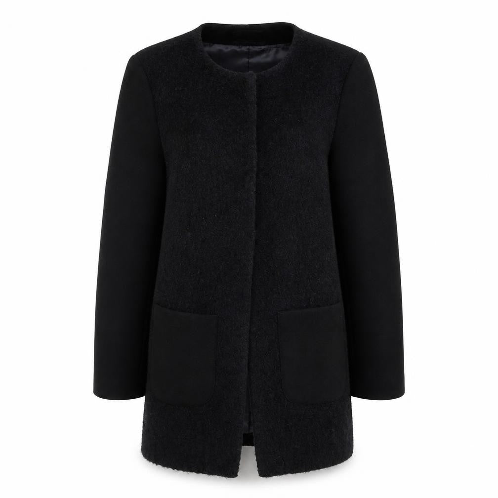 Front view of Maison Cinqucent Women's Black Wool Coat, size 14