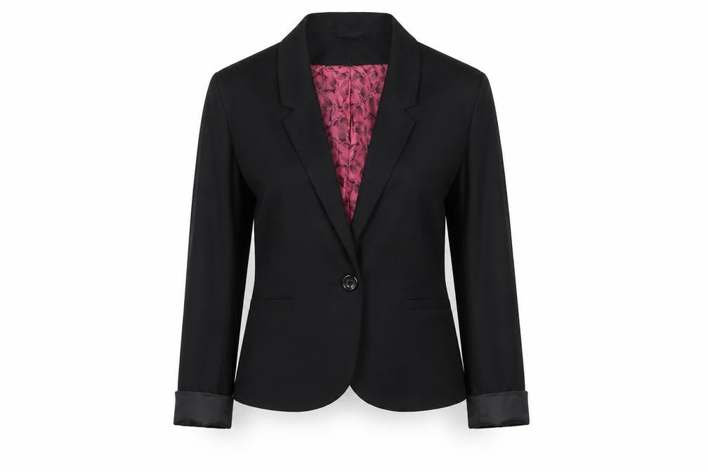 Front view of H&M Women's Black Blazer, size 14, Notch Lapel