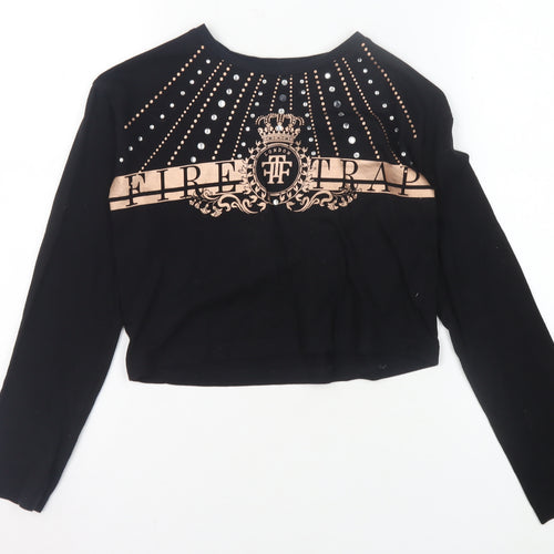 Firetrap Girls Black Cropped T-Shirt 9-10 Yrs Studded Graphic