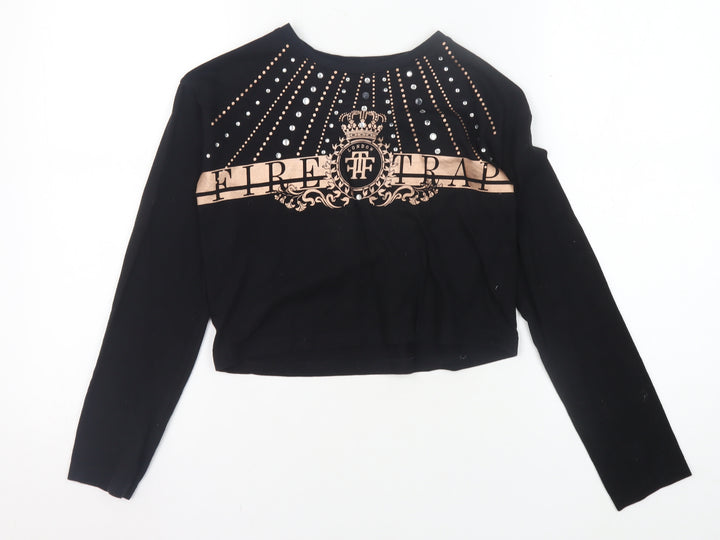 Firetrap Girls Black Cropped T-Shirt 9-10 Yrs Studded Graphic