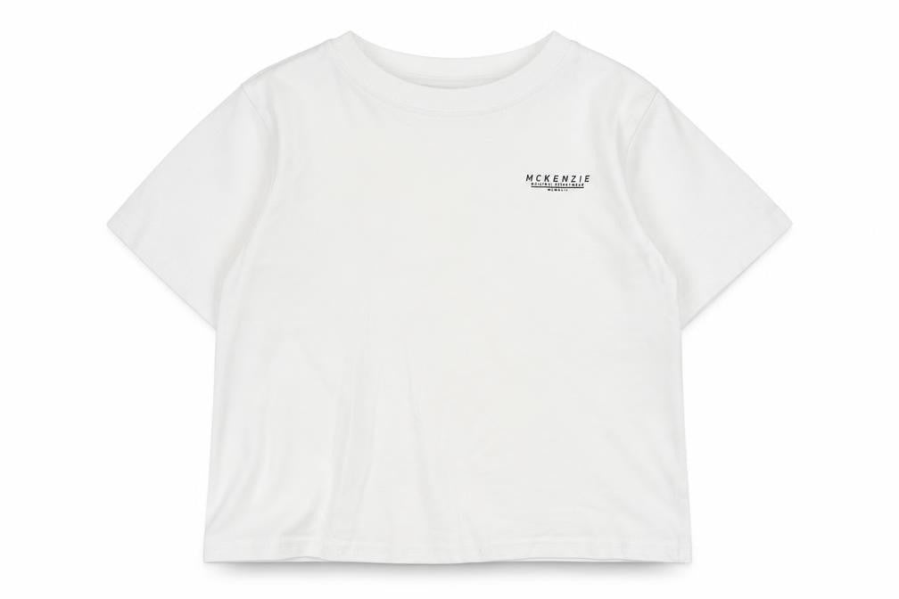 Front view of McKenzie boys’ white 7-8 t-shirt short sleeve crew neck