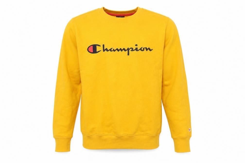 Front view of Champion Men's Yellow Logo Pullover Sweatshirt S