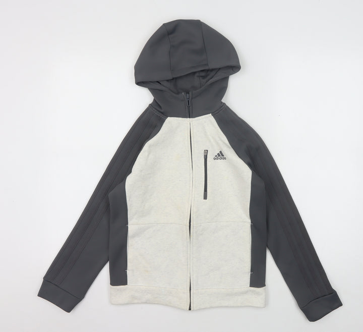 Adidas Boys Full Zip Hoodie, Black Grey, 9-10 Years