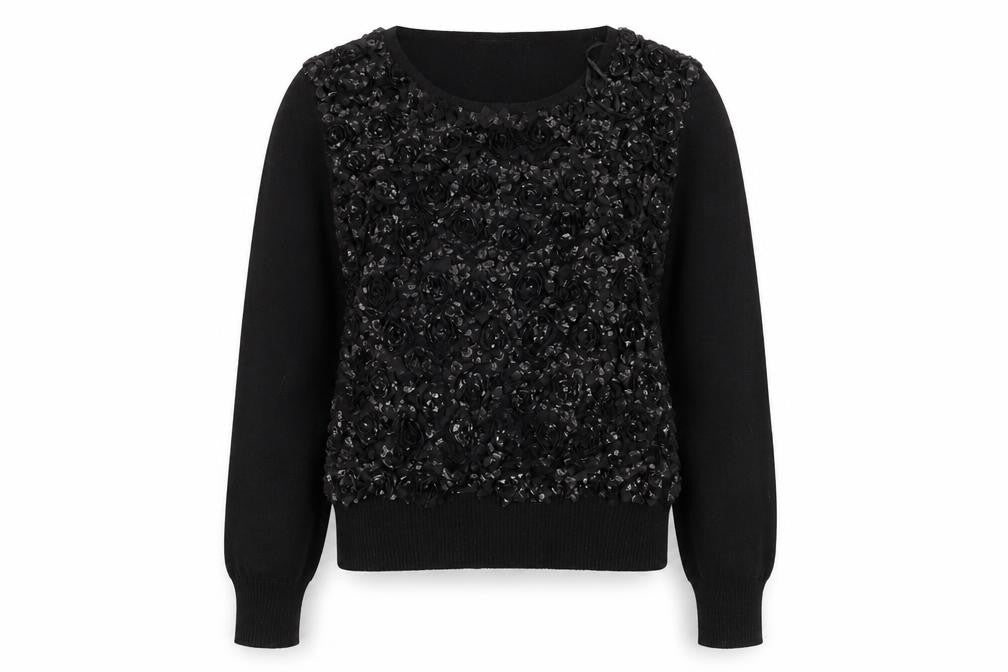 Front view of QED London Women's Black Floral jumper, size L