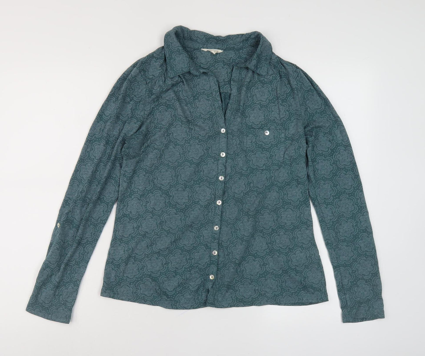 White Stuff Women's Green Geometric Button-Up Shirt, Long Sleeve