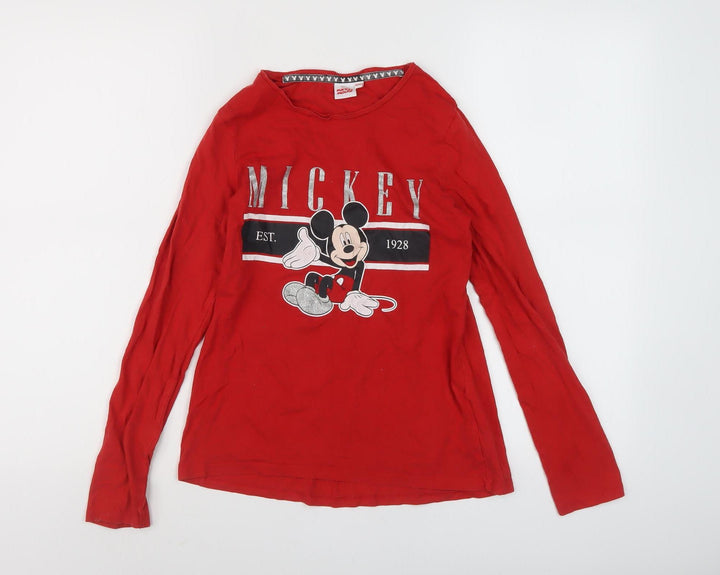 Disney Girls Red Mickey Mouse T-Shirt Age 11-12 Crew Neck