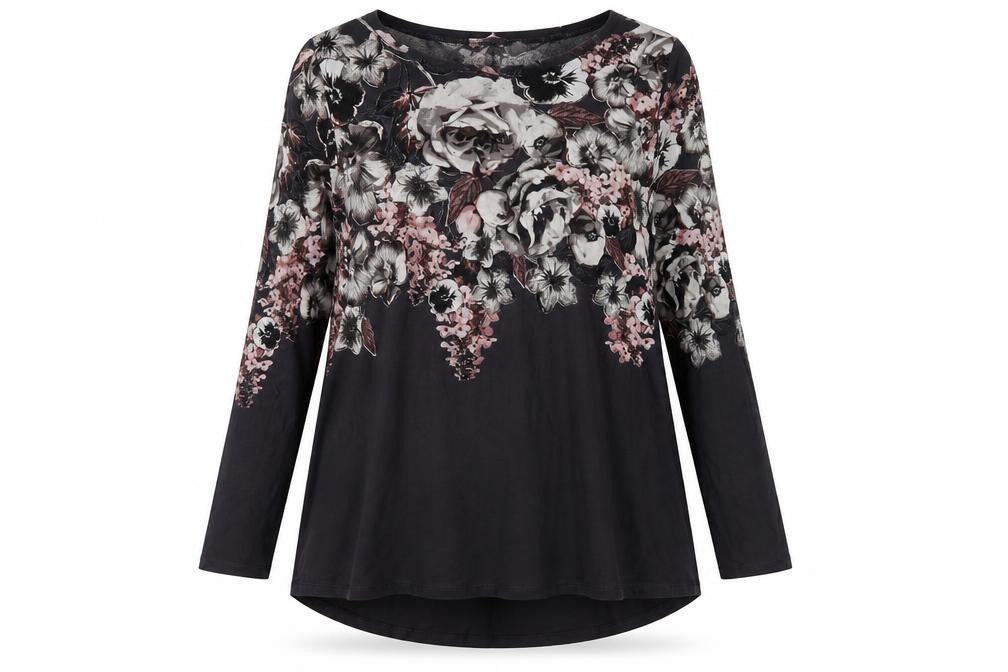 Front view of Phase Eight Women's Black Floral Tunic Blouse, size 10