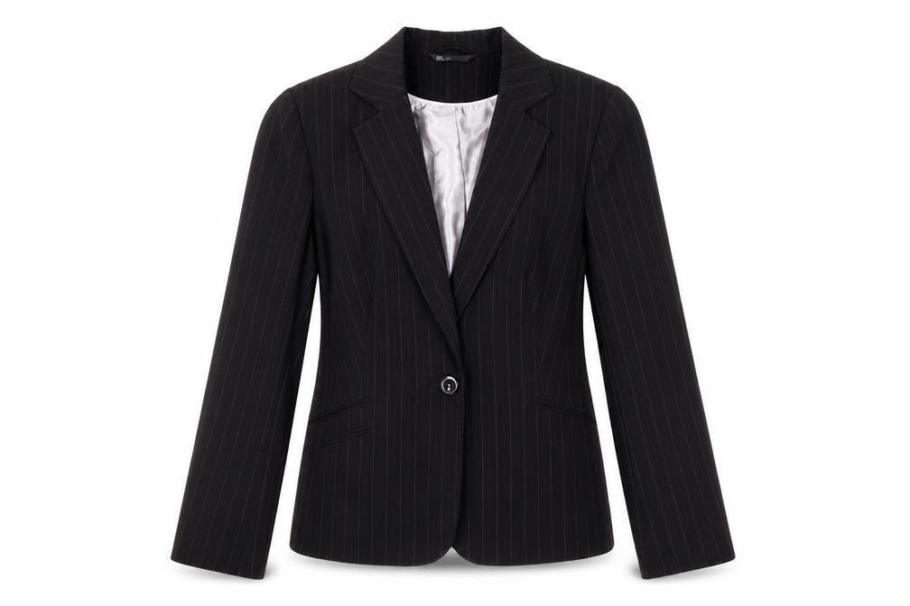 Front view of BHS Women's Black Pinstripe Suit Jacket, size 12