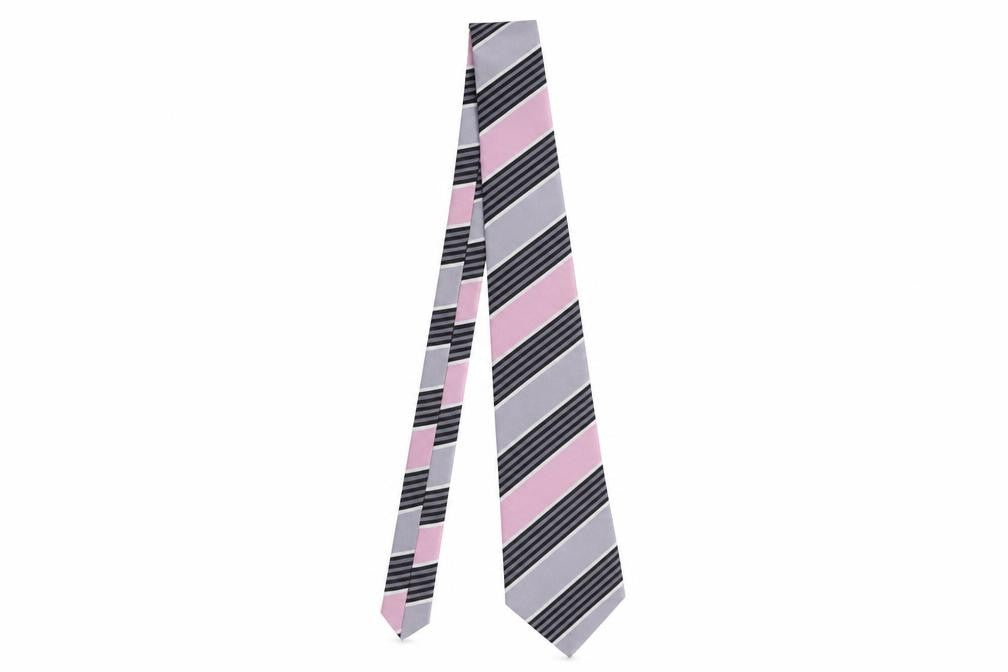 Front view of Thomas Nash Men's Pink Grey Striped Polyester Tie