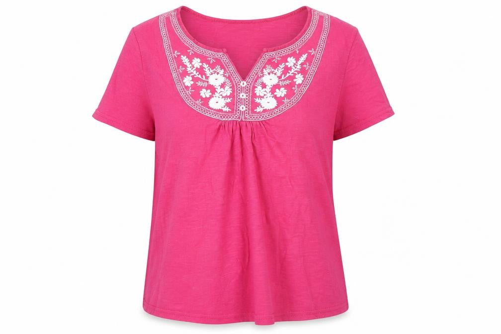 Front view of Isle Women's Pink Embroidered T-Shirt, size M