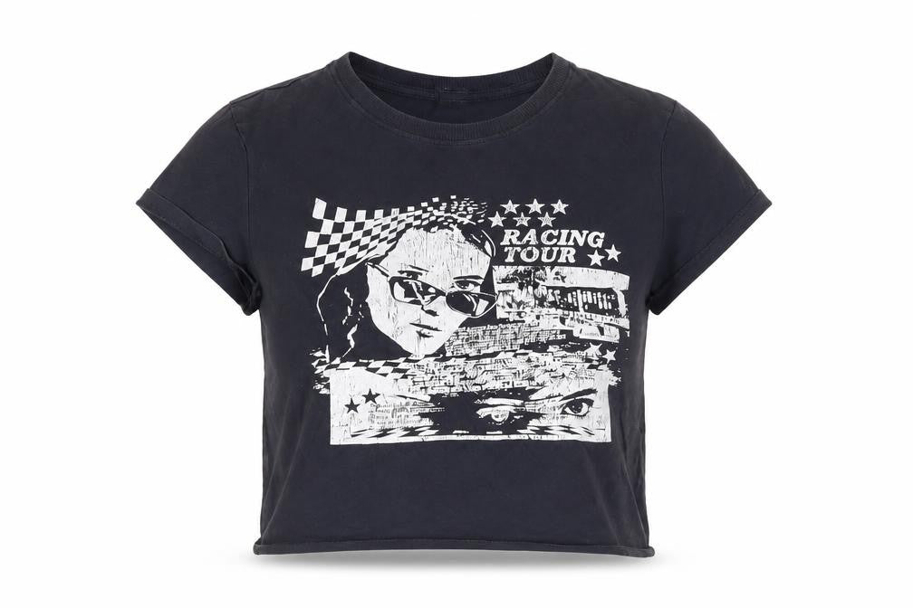 Front view of DIVIDED Women's Black T-Shirt, size 12, Short Sleeve