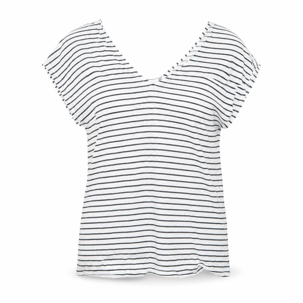 Front view of Monsoon women’s white striped t-shirt v-neck medium