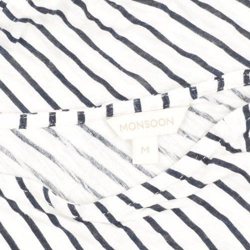 Monsoon Womens White Striped T-Shirt V-Neck Medium