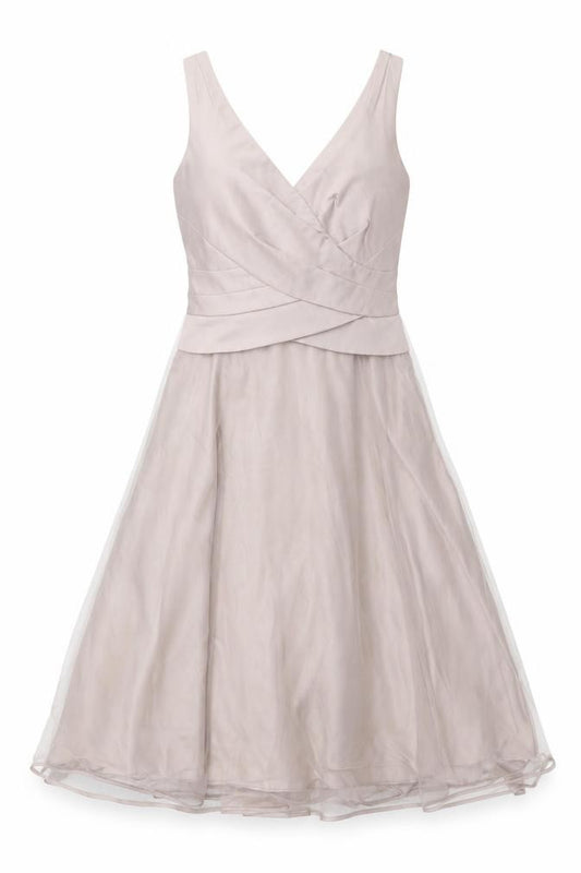 Front view of Monsoon Women Beige Sleeveless V-Neck Dress, size 10