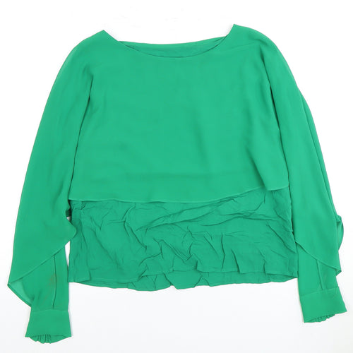 Zara Women's Green Blouse - Size 12, Boat Neck, Long Sleeve