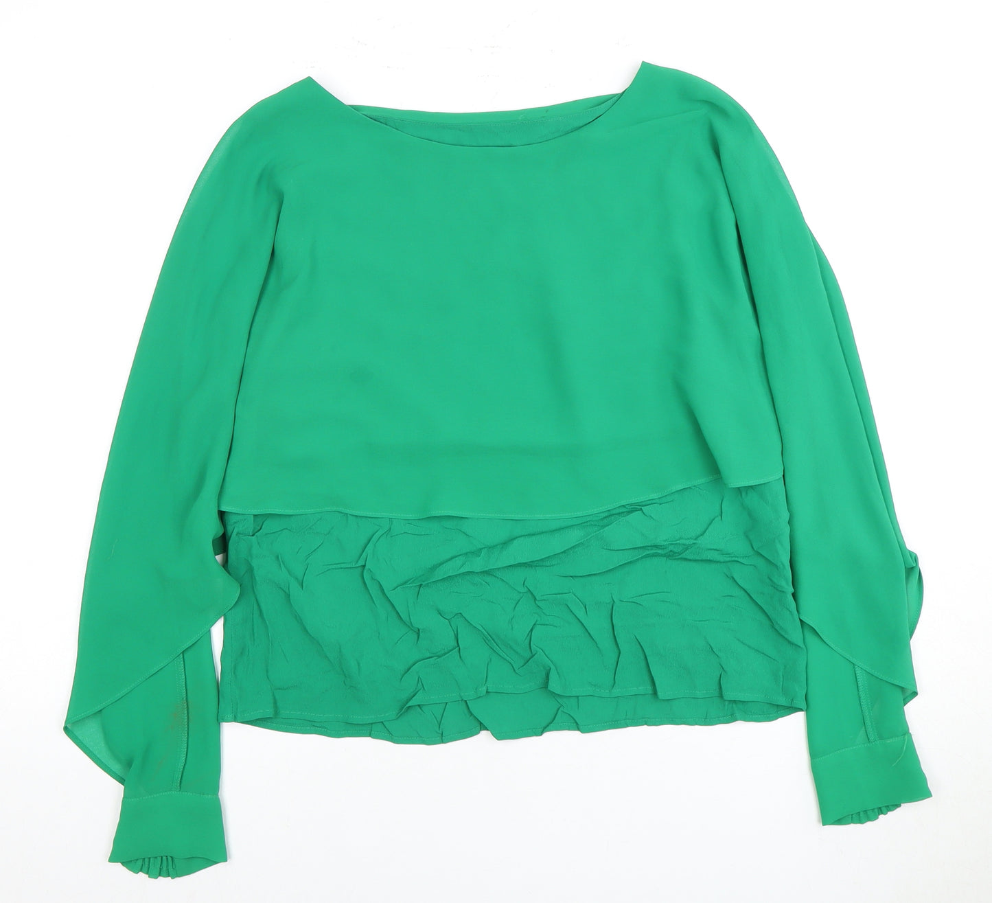 Zara Women's Green Blouse - Size 12, Boat Neck, Long Sleeve