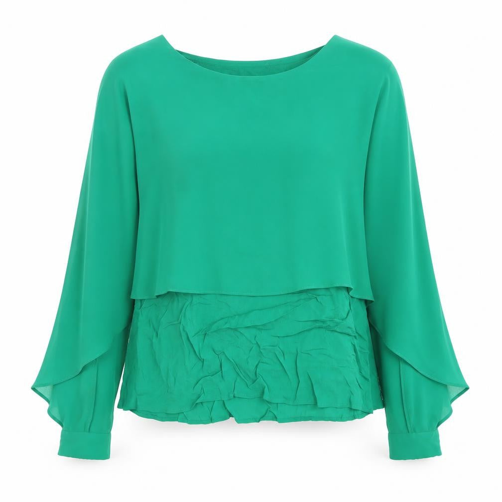 Zara Women's Green Blouse - Size 12, Boat Neck, Long Sleeve
