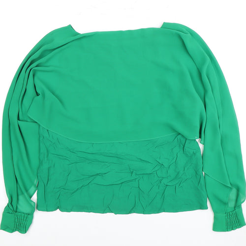 Zara Women's Green Blouse - Size 12, Boat Neck, Long Sleeve