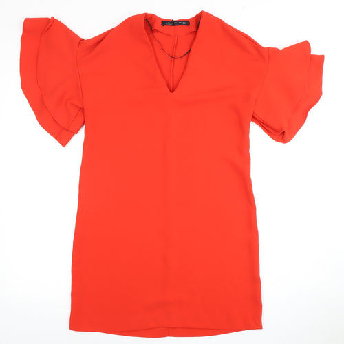 Zara Women's Red Shift Dress, Size 2, V-Neck, Flared Sleeve