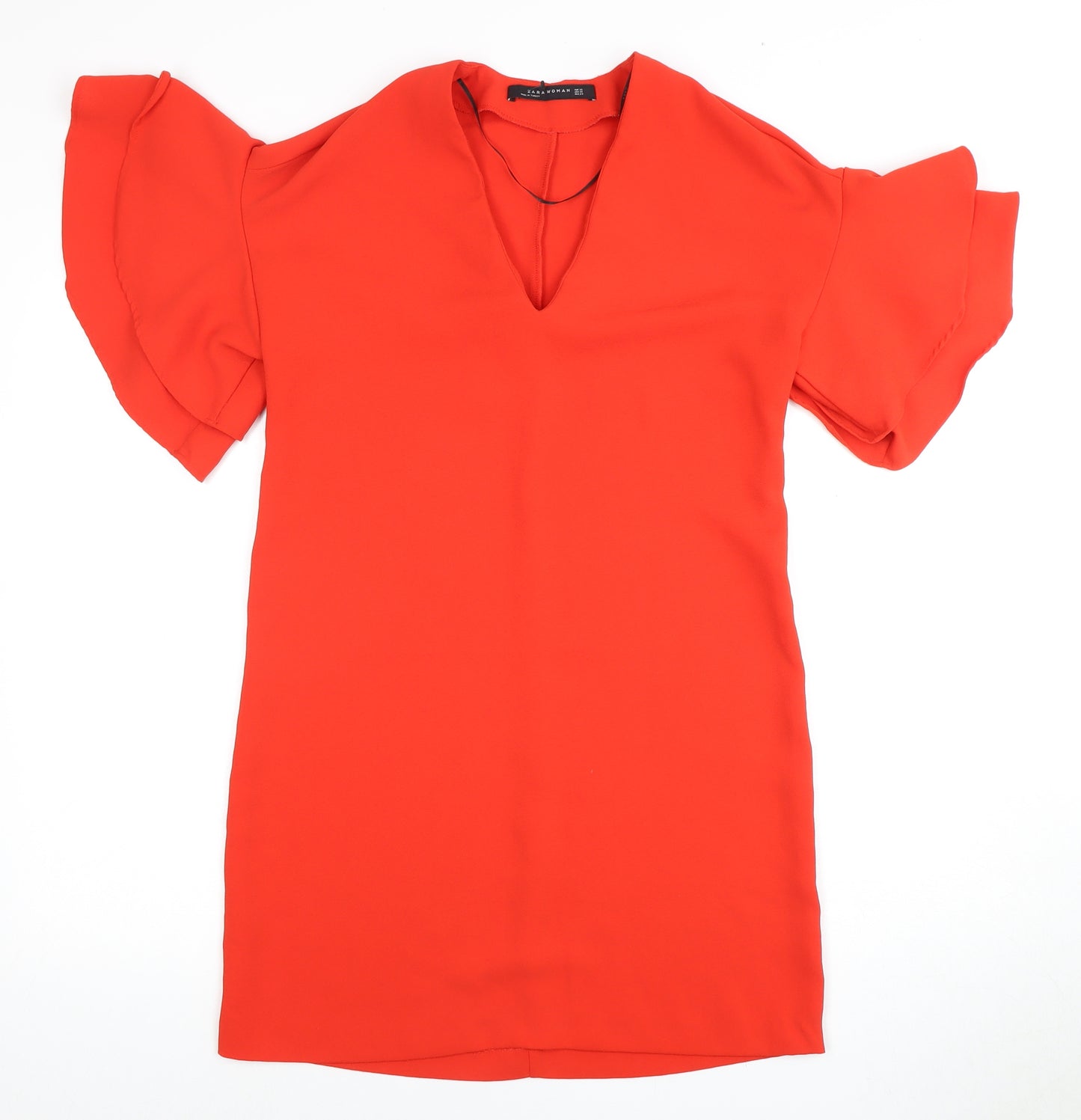 Zara Women's Red Shift Dress, Size 2, V-Neck, Flared Sleeve
