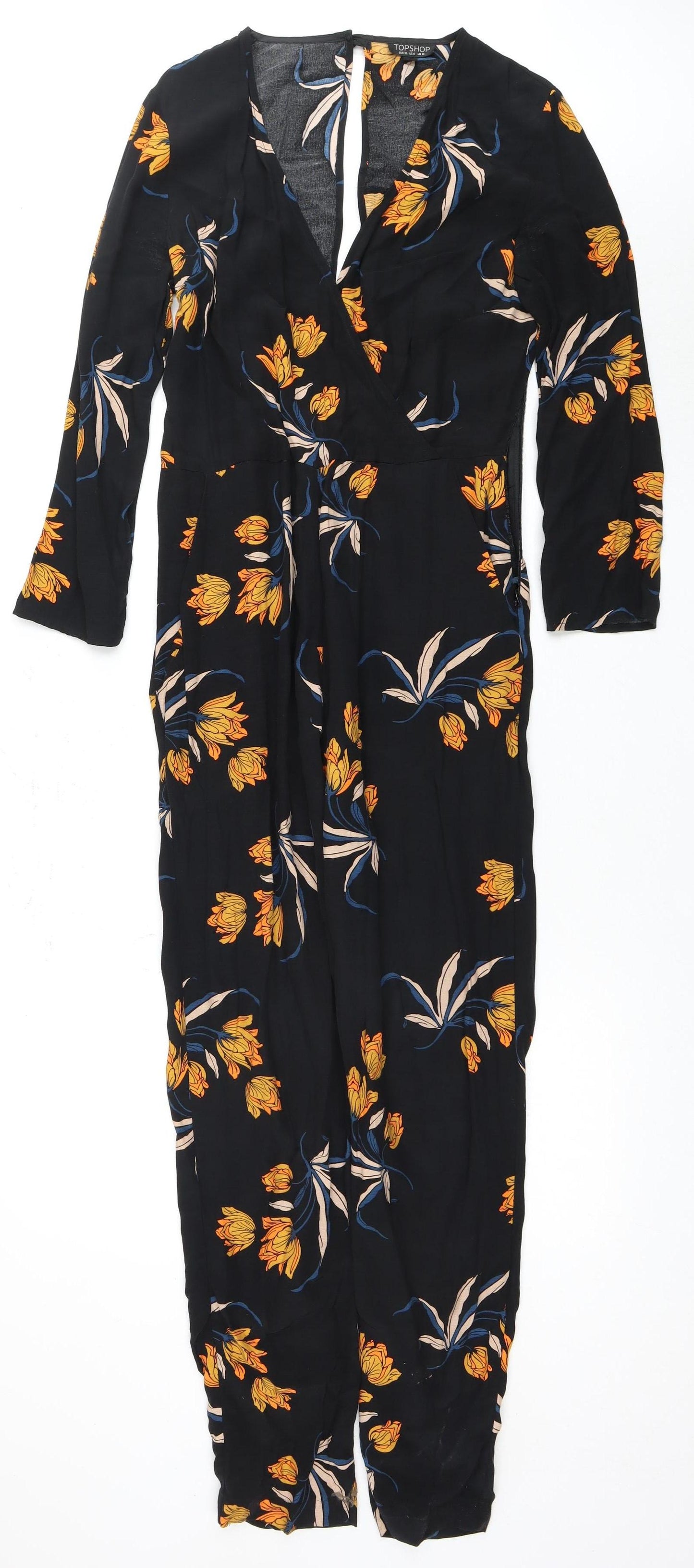 Topshop Women's Black Floral Jumpsuit, Size 10, Long Sleeve