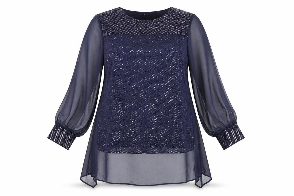 Front view of Kaliko Women's Blue Sequin Blouse, size 16