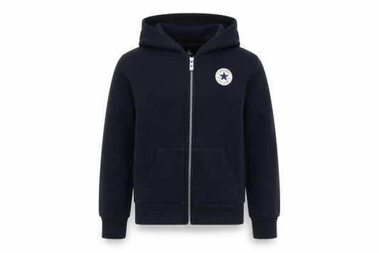 Front view of Converse boys’ black hooded jacket, size 10-12, full zip, casual