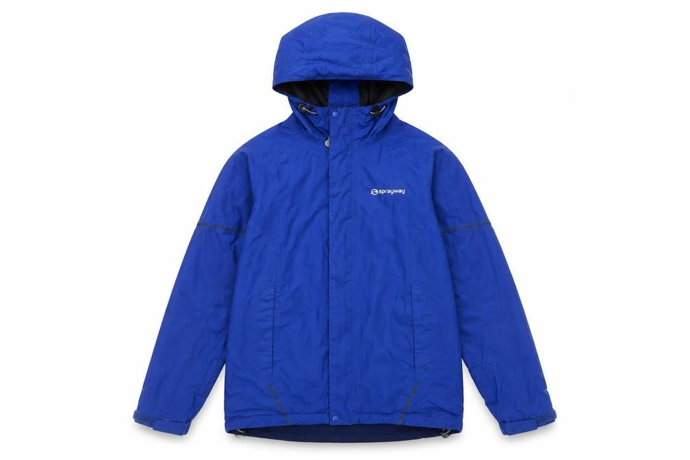 Front view of Sprayway boys’ blue waterproof hooded jacket, size 12-13, years
