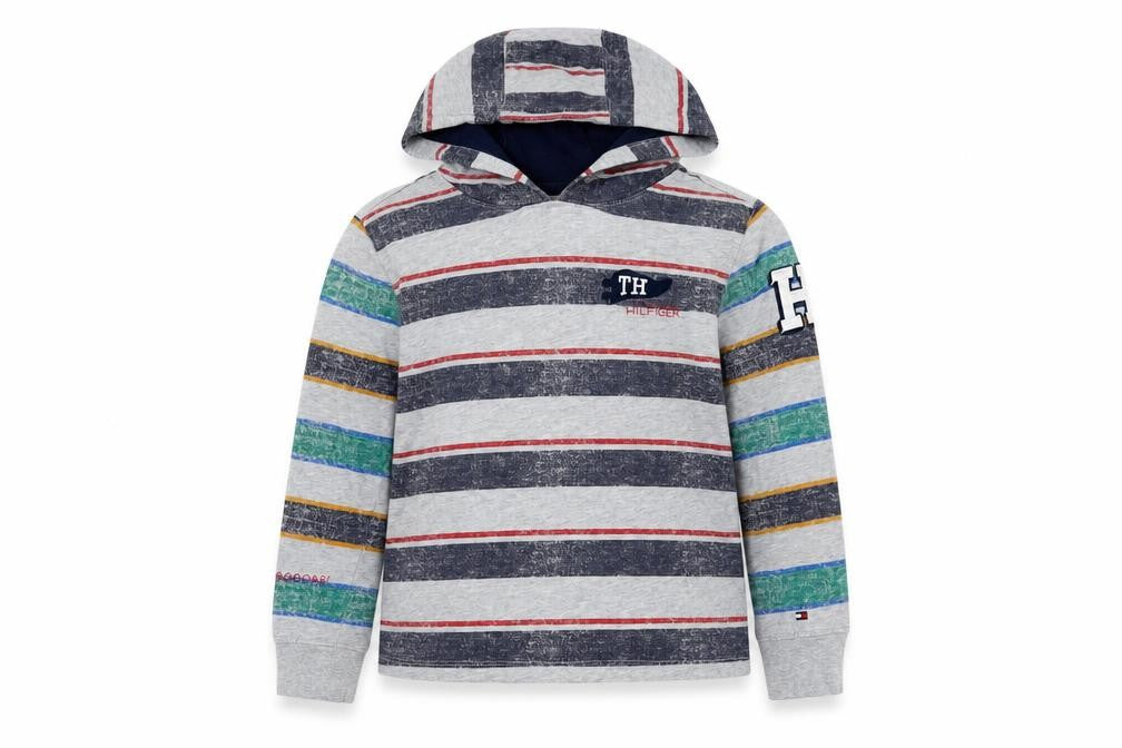 Front view of Tommy Hilfiger boys’ grey striped pullover hoodie 6-7 years