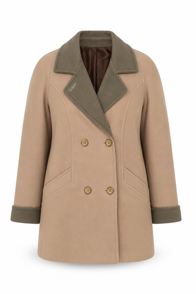 Front view of Klass Collection Women's Beige Wool Pea Coat, size 12