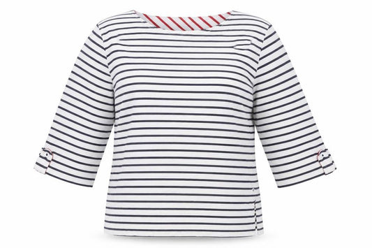 Front view of Errroco Women's White Striped 3/4 Sleeve T-Shirt, size 12