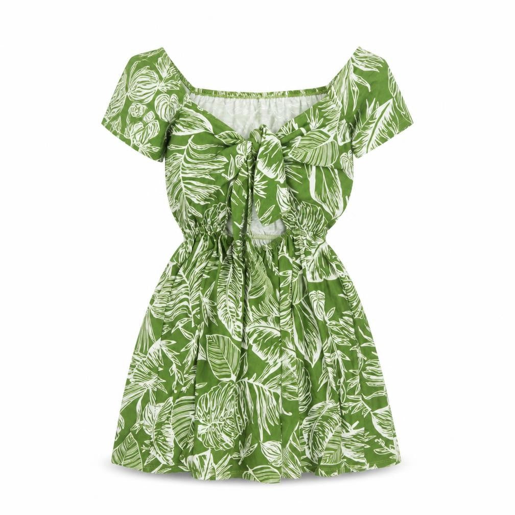 Front view of ASOS Women's Green Leaf Print Dress, size 10, Off Shoulder