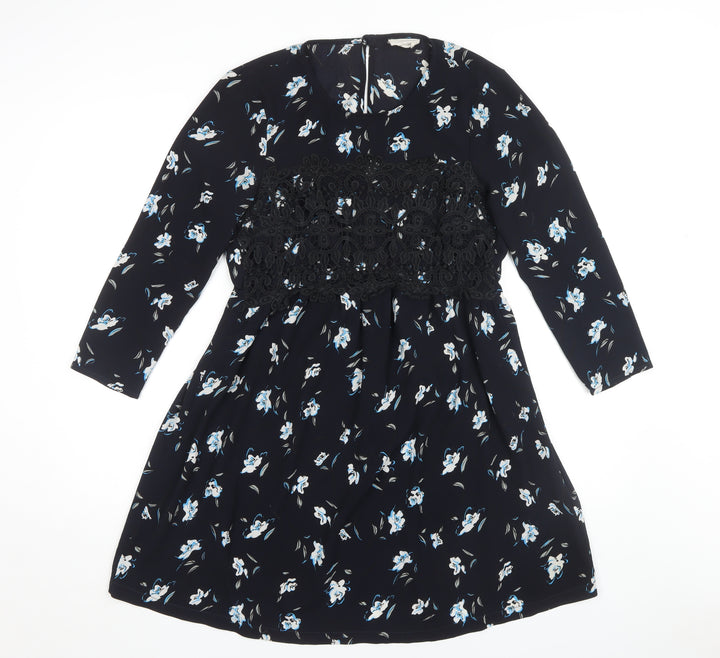Pins & Needles Women's Black Floral Shift Dress, Size S, Long Sleeve