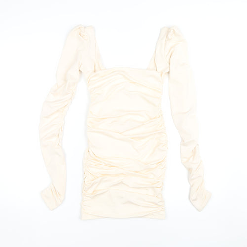 Oh Polly Women’s Ivory Ruched Long Sleeve Dress