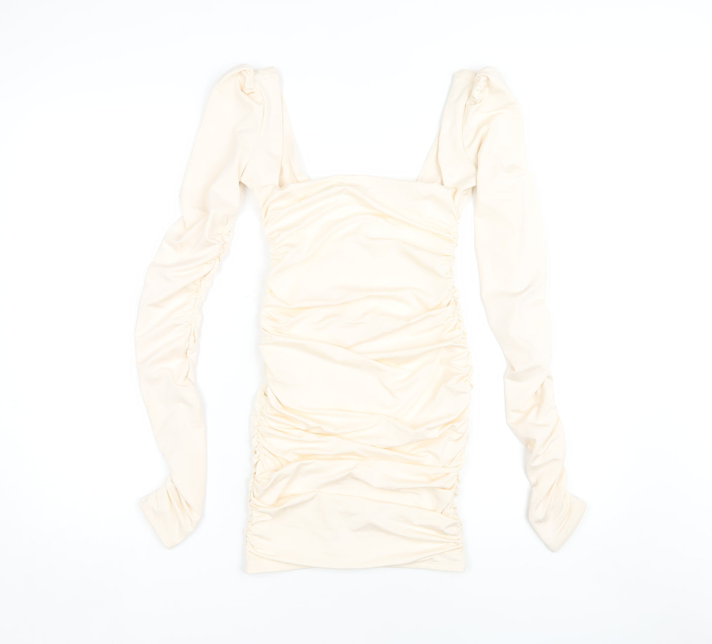 Oh Polly Women’s Ivory Ruched Long Sleeve Dress