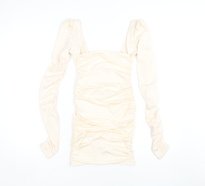 Oh Polly Women’s Ivory Ruched Long Sleeve Dress