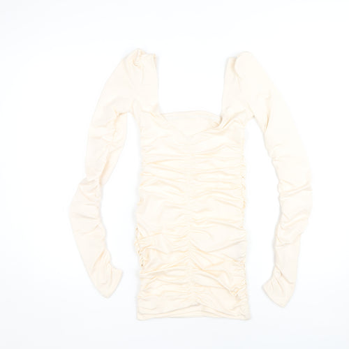 Oh Polly Women’s Ivory Ruched Long Sleeve Dress