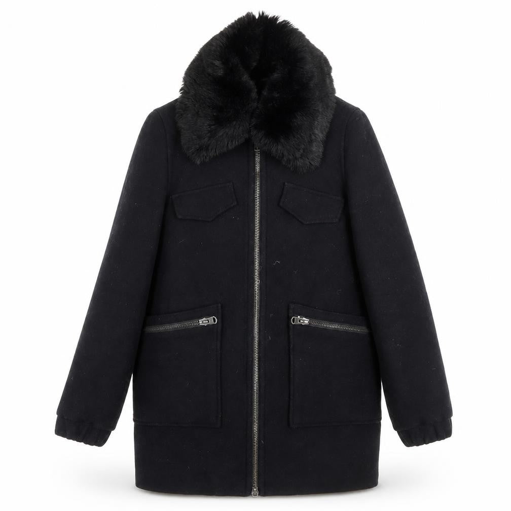 Front view of Topshop Women's Black Wool Overcoat, size 10